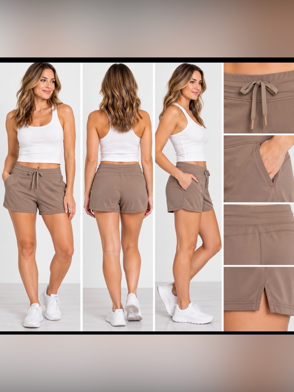 Yogalicious Lux Avenue 4” Shorts Medium Tan Taupe Drawstring Activewear